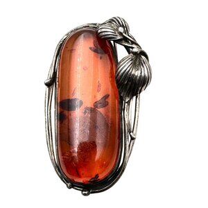 Vintage Antique Large Amber Sterling Silver Brooch Pin Stunning Big 2.75 Inch